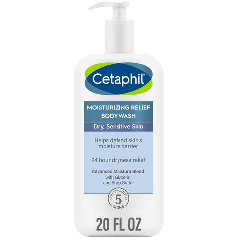 Cetaphil Body Wash, NEW Moisturizing Relief Body Wash for Sensitive Skin, Creamy Rich Formula Gently Cleanses and Gives 24 Hr Relief to Dry Skin,Hypoallergenic, Fragrance Free, 20 oz